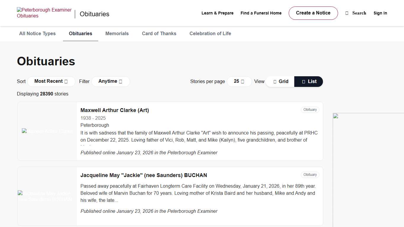 Peterborough Examiner Obituaries