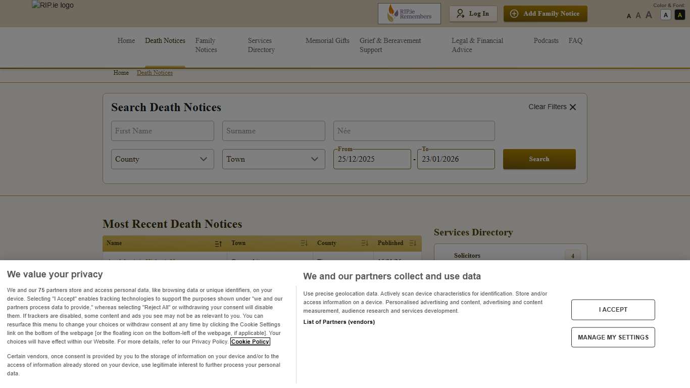 Recent Death Notices rip.ie